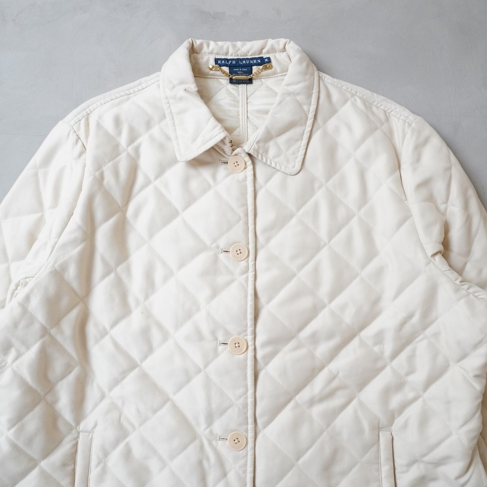 Ralph Lauren Quilted Jacket XL Womens Cream Diamond Stitch Gold Chain Trim Coat - Picture 3 of 9